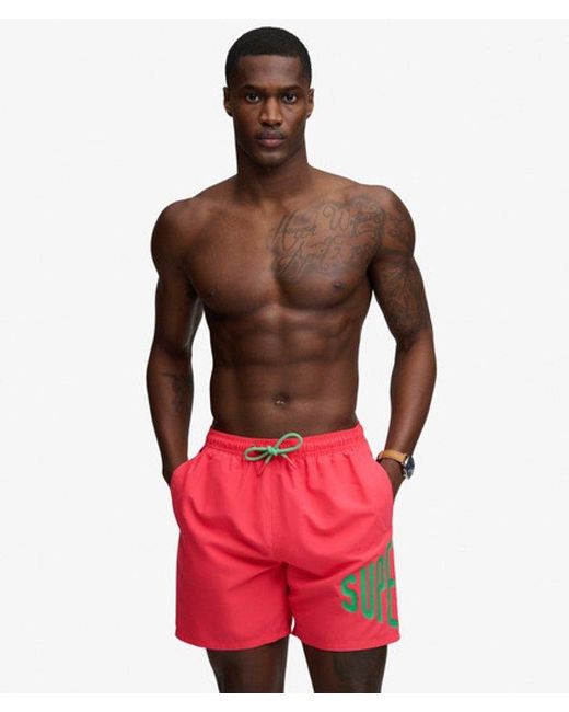 Superdry Red Printed Logo 16-Inch Swim Shorts for men