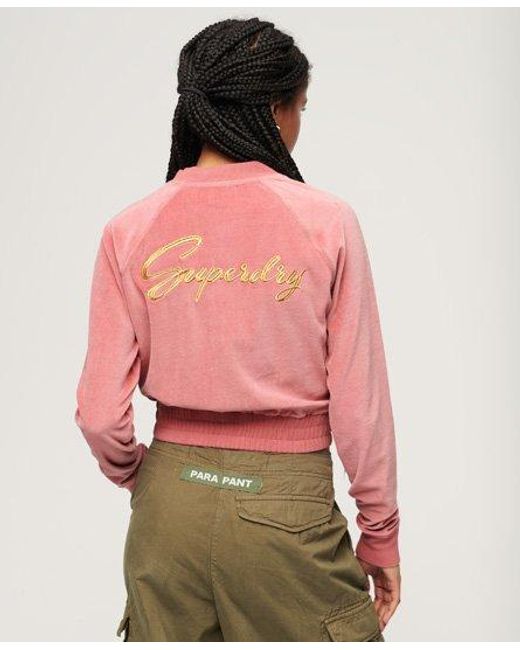 Superdry Pink Embroidered Velour Zip Baseball Top