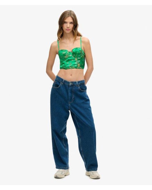 Superdry Green & Co Embroidered Satin Brocade Crop Corset Top