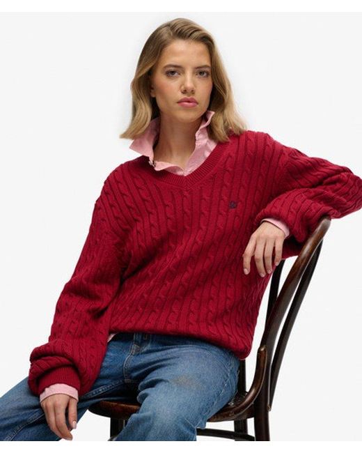 Superdry Red & Co Oversized V Neck Cable Jumper