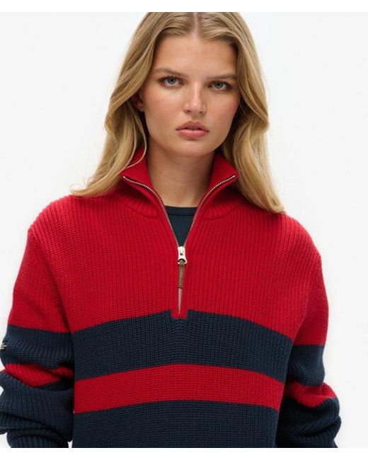 Superdry Red Oversized Cotton Classic Stripe Half-zip Jumper