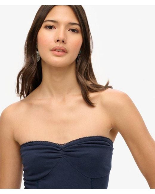 Superdry Blue Cotton 50s Lace Detail Detail Slim Fit Ruffle Bandeau Mini Dress