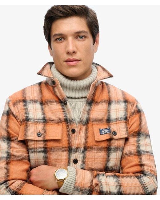 Superdry Orange Fleece-Lined Wool Check Overshirt Roderick Check for men
