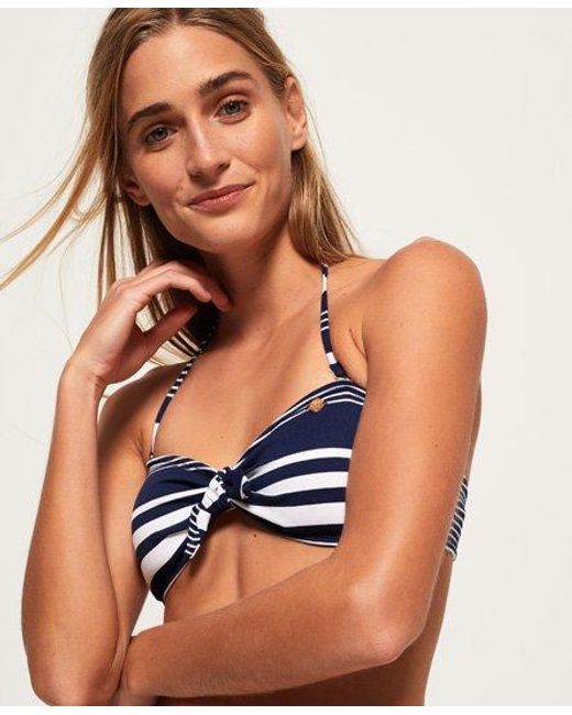 Superdry Blue Picot Textured Bandeai Bikini Top Pacific Stripe