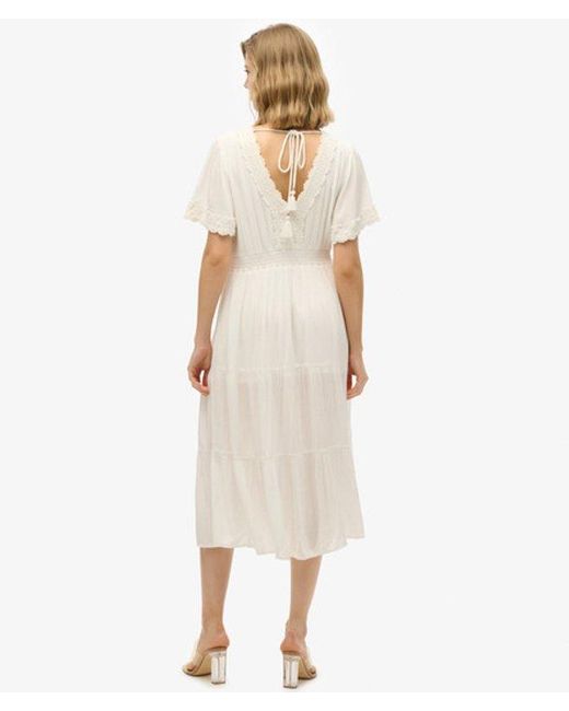 Superdry Natural Lace Detail Ibiza Short Sleeve Midi Tea Dress