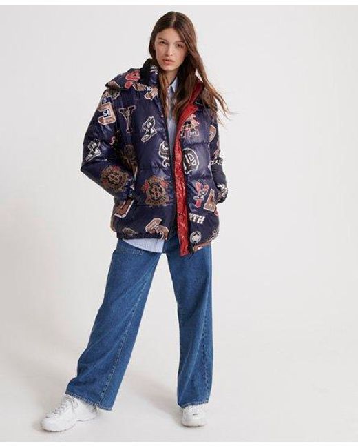 Superdry Blue All Over Print Varsity Reversible Puffer Jacket Aop