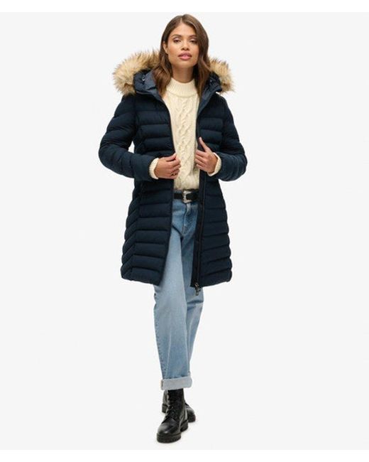 Superdry Blue & Co Slim Fit Logo Patch Fuji Faux Fur Hood Mid Length Puffer Coat