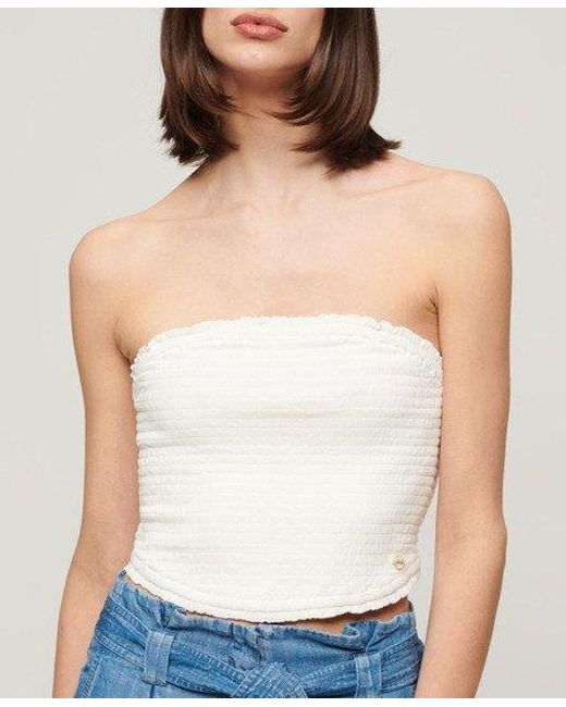 Superdry White Smocked Bandeau Top