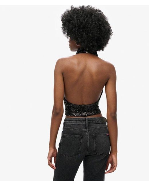 Superdry Black & Co Sequin Cowl Halter Neck Top