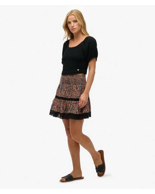 Superdry Black & Co Printed Lace Trim Mini Skirt