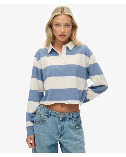 Superdry Blue & Co Athletic Essentials Cropped Stripe Rugby Top