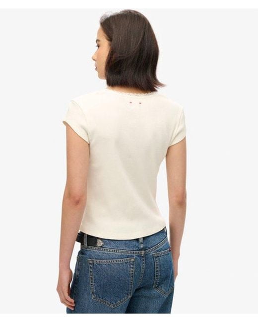 Superdry White & Co Ladies Embroidered Organic Cotton Essential Lace Trim V-neck T-shirt