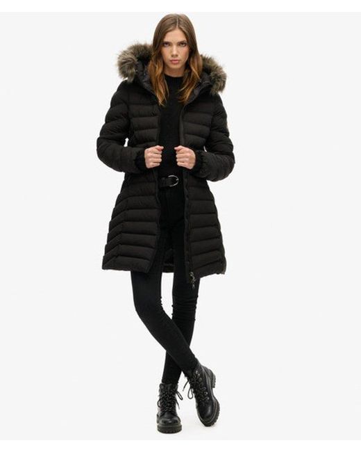 Superdry Black & Co Slim Fit Fuji Faux Fur Hood Mid Length