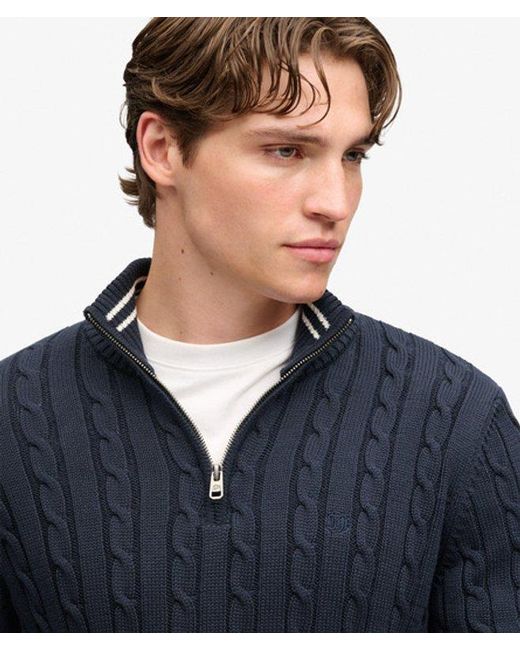 Superdry Blue Preppy Cotton Cable Half Zip Jumper for men
