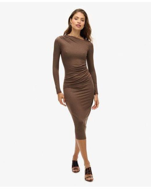 Superdry Long Sleeve Ruched Midi Dress in Brown Lyst UK