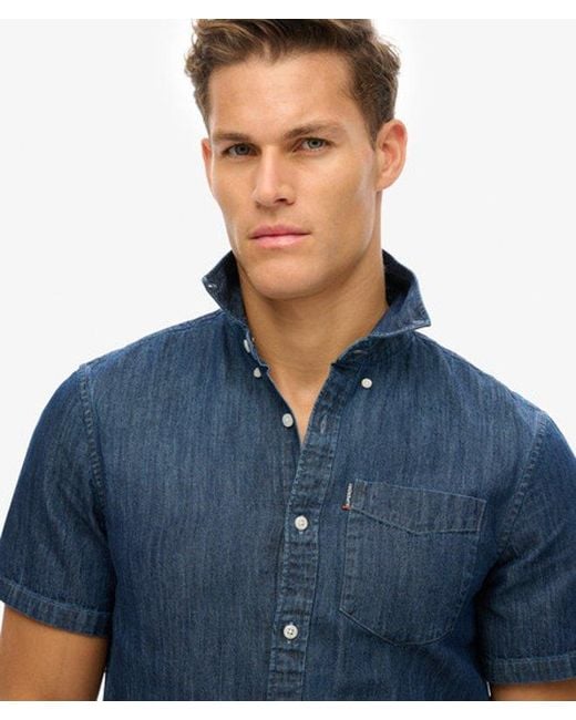 Superdry Blue Essential Short Sleeve Denim Shirt for men