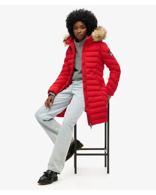 Superdry Red Fuji Faux Fur Hood Mid Length Puffer Coat