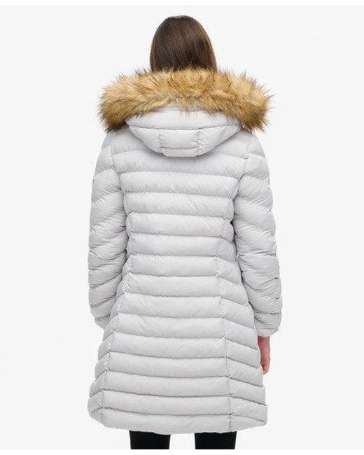 Superdry White Slim Fit Fuji Faux Fur Hood Mid Length