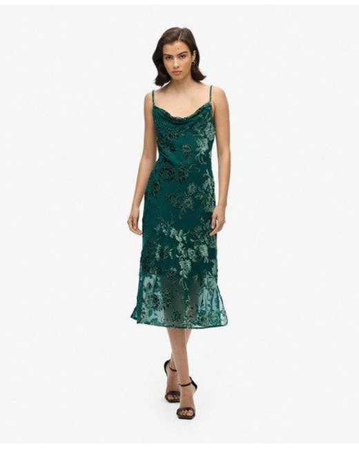 Superdry Green Devore Cowl Neck Midi Slip Dress