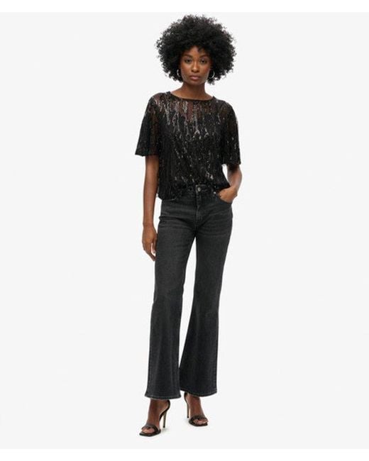 Superdry Black & Co Sheer Short Sleeve Sequin Top