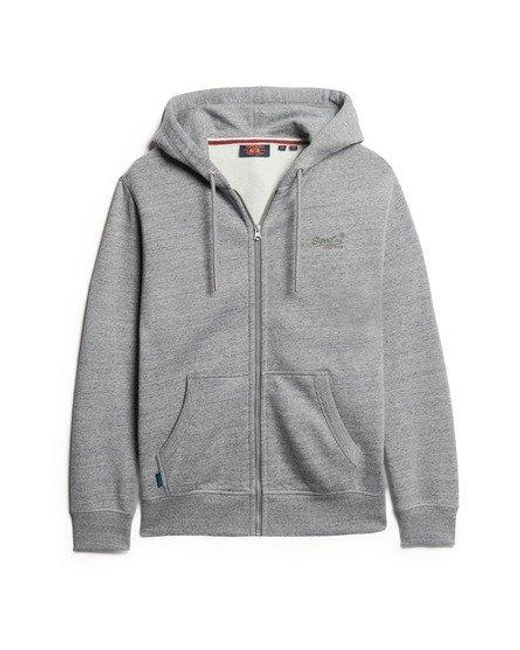 Superdry Gray Classic Logo Embroidered Essential Zip Hoodie for men