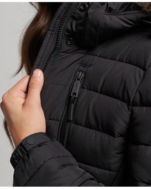 Superdry Faux Fur Hooded Mid Length Puffer Jacket Black
