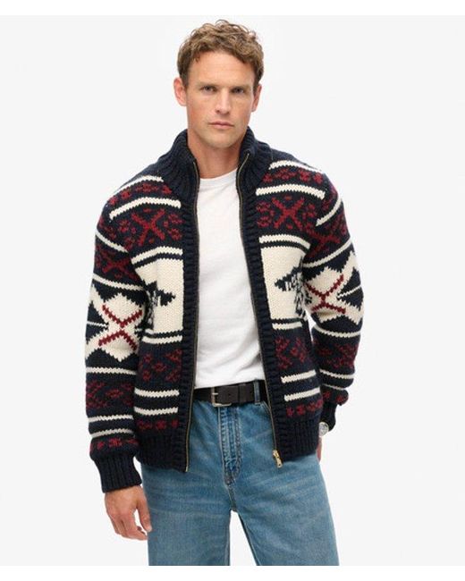 Superdry Blue & Co Chunky Knit Patterned Zip Through Cardigan for men