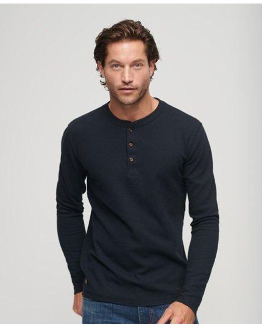 Superdry Blue Relaxed Fit Waffle Cotton Henley Top for men