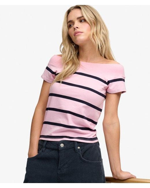 Superdry Red & Co Athletic Off Shoulder Pattern Top