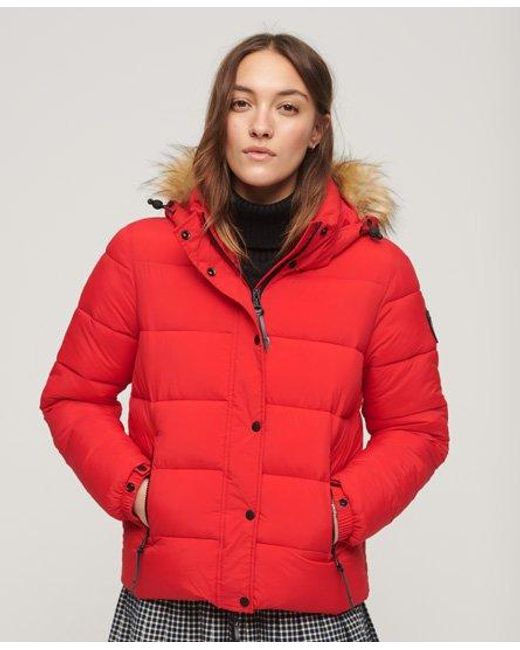 Superdry Red Faux Fur Short Hooded Puffer Jacket