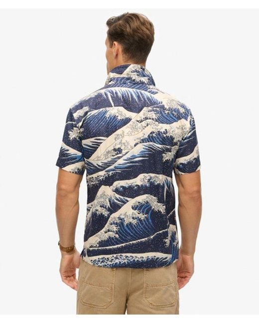 Superdry Blue Mens Classic Wave Print Short Sleeve Hawaiian Shirt for men
