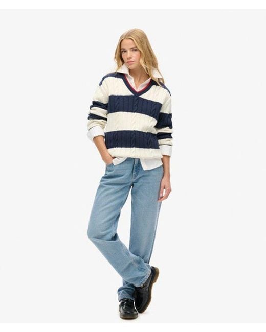 Superdry Blue & Co Stripe Oversized Cable V Neck Jumper
