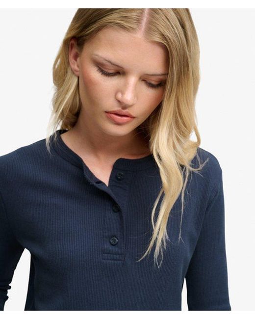Superdry Blue Athletic Essential Waffle Button Long Sleeve Top