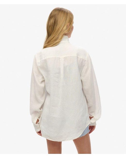 Superdry White Oversized Casual Linen Long Sleeve Shirt