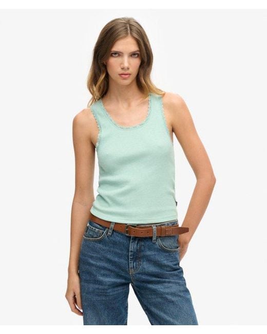 Superdry Blue Athletic Essentials Vintage Lace Trim Vest Top Size: S/M