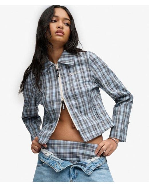 Superdry Blue Bench X & Co Bench Double Zip Collared Check Jacket