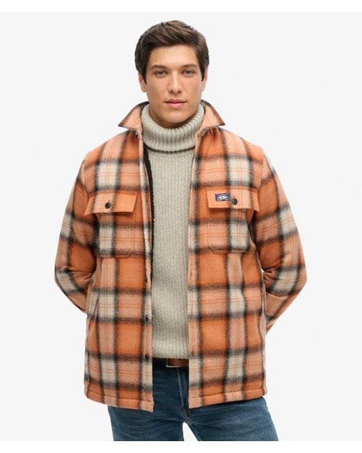 Superdry Orange Fleece-Lined Wool Check Overshirt Roderick Check for men