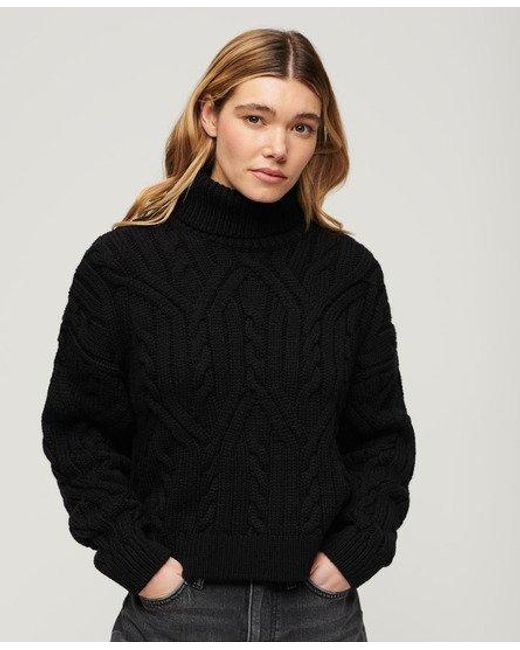 Superdry Black Twist Cable Knit Polo Neck Jumper