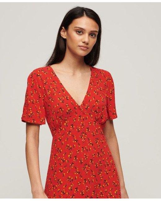 Superdry Red Printed Button-up Short Sleeve Midi Tea Dress