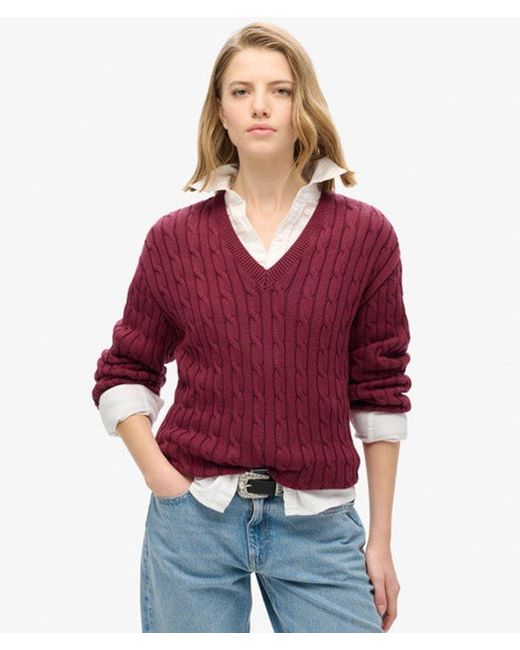 Superdry Red & Co Ladies Lightweight Cable Knit Oversized V Neck Jumper