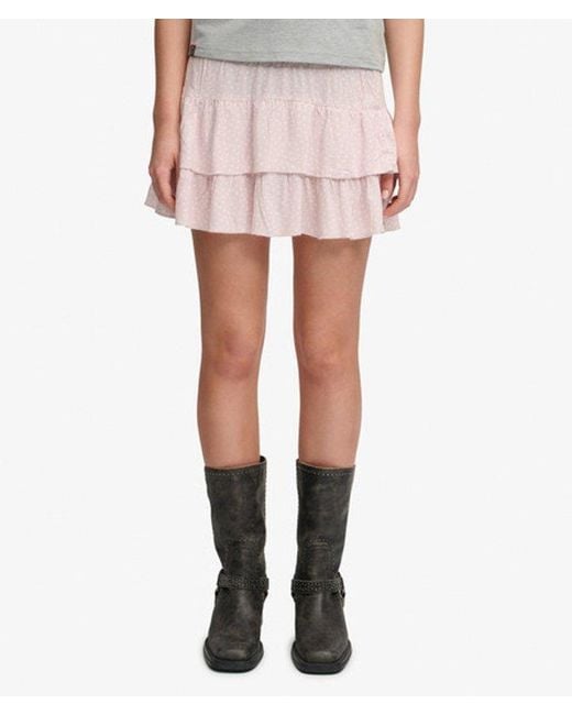 Superdry Pink & Co Printed Tiered Mini Skirt