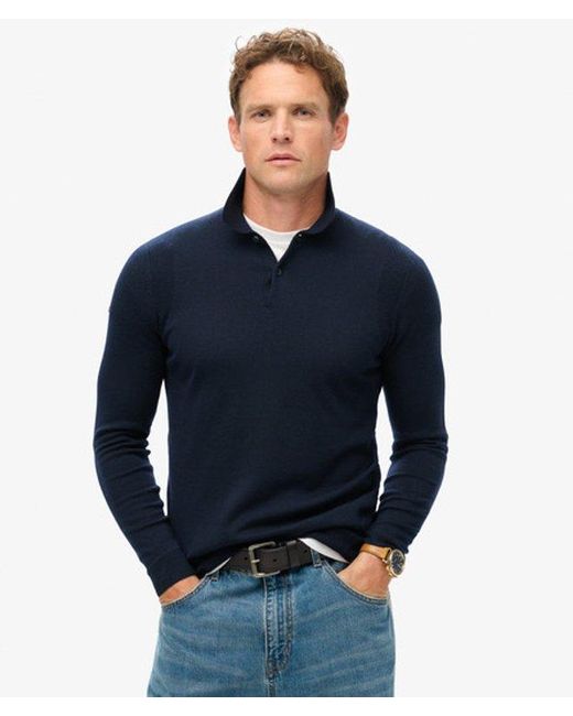 Superdry Blue Merino Long Sleeve Polo Jumper for men