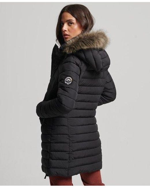Superdry Faux Fur Hooded Mid Length Puffer Jacket Black