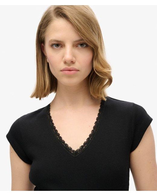Superdry Black & Co Lace Trim Athletic Essentials V-neck Top