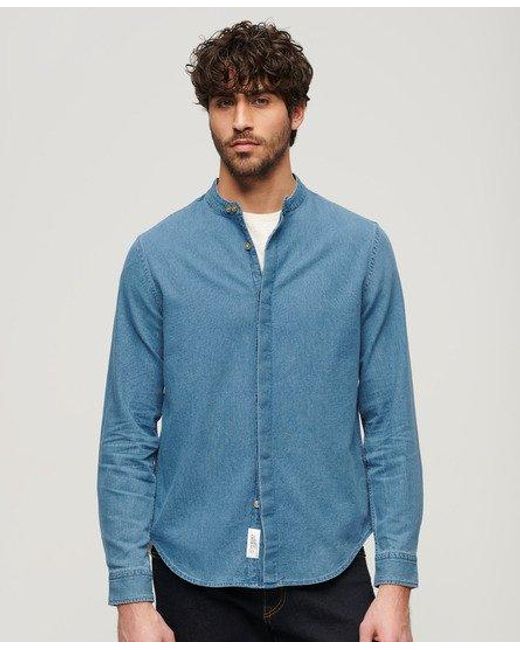 Superdry Blue Classic Pinstriped Merchant Grandad Indigo Shirt for men