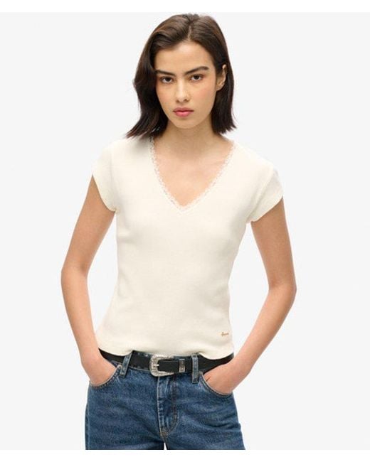 Superdry White & Co Ladies Embroidered Organic Cotton Essential Lace Trim V-neck T-shirt