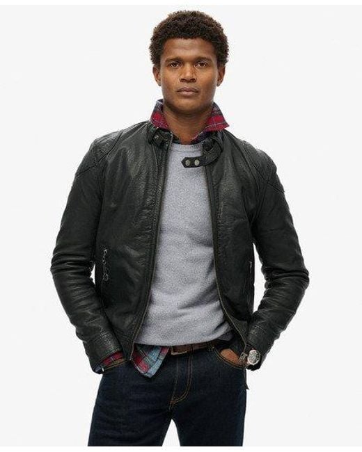 Superdry Black Leather Racer Jacket Cow Indie for men