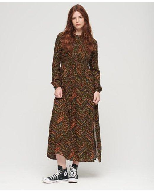 Superdry Gesmokte Maxi-jurk Met Print in het Brown