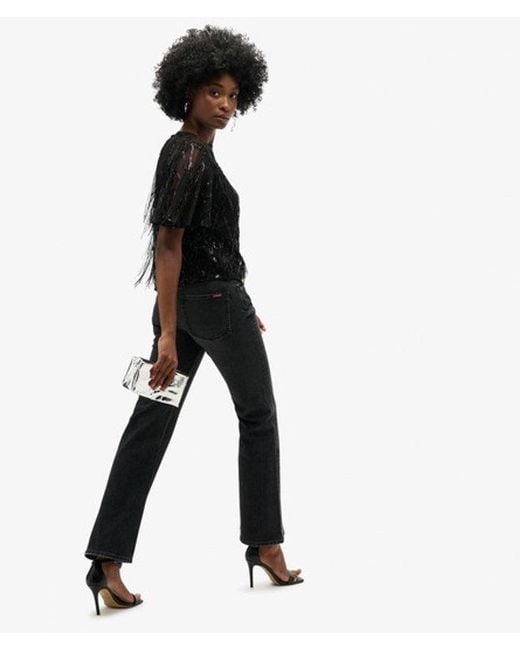 Superdry Black & Co Sheer Short Sleeve Sequin Top