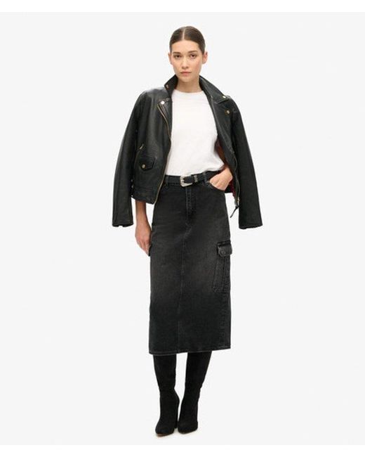 Superdry Black & Co Denim Cargo Pocket Midi Skirt